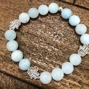 Aquamarine Bead Bracelet w/ Hamsa Hands